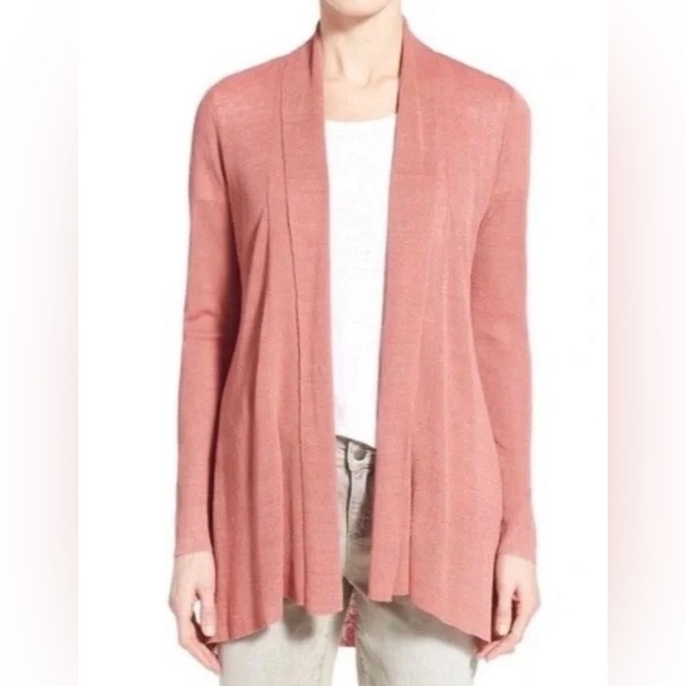 EILEEN FISHER Organic Linen Cardigan Sweater Sandstone Crepe Rib Orange Pink